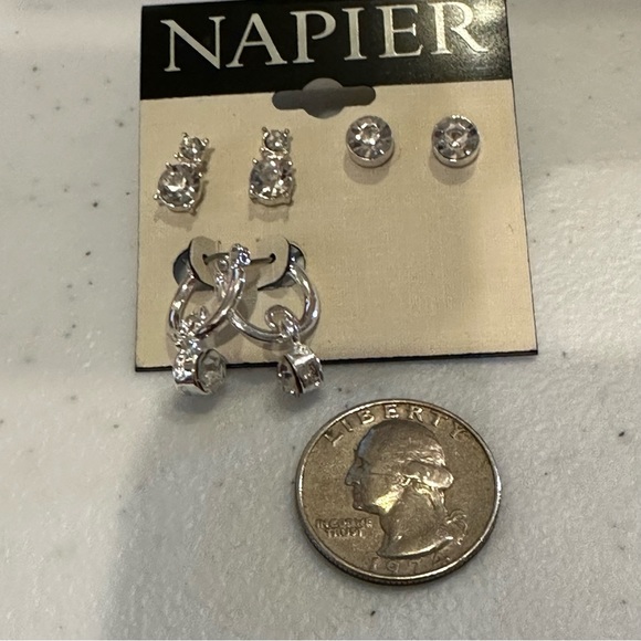 NWT Napier Earrings- set of 3 pairs- silver tone, clear rhinestones, huggie hoop - Picture 5 of 6